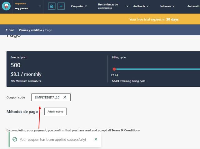 Moosend checkout page showing Moosend coupon code box | Screenshot taken by SimplyCodes community member on Jul 27, 2023
