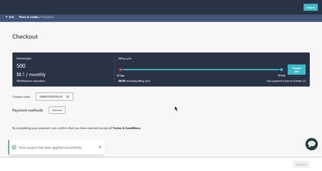 Moosend checkout page showing Moosend coupon code box | Screenshot taken by SimplyCodes community member on Sep 23, 2023
