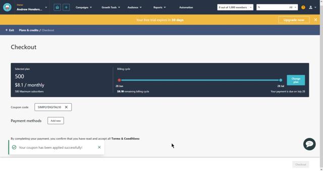 Moosend checkout page showing Moosend coupon code box | Screenshot taken by SimplyCodes community member on Jun 28, 2023
