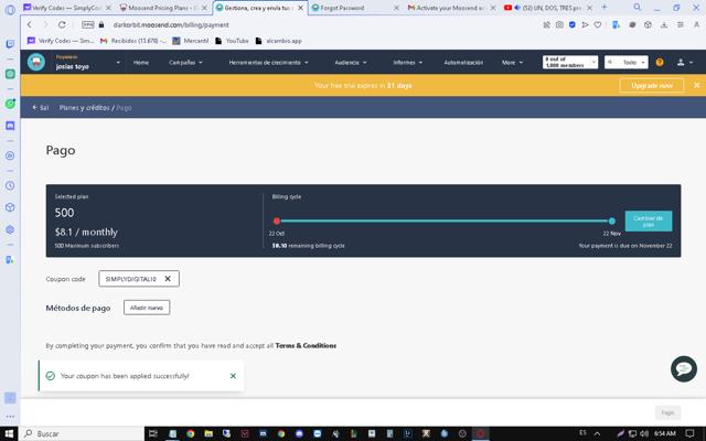 Moosend checkout page showing Moosend coupon code box | Screenshot taken by SimplyCodes community member on Oct 22, 2023