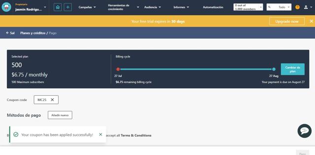 Moosend checkout page showing Moosend coupon code box | Screenshot taken by SimplyCodes community member on Jul 27, 2023