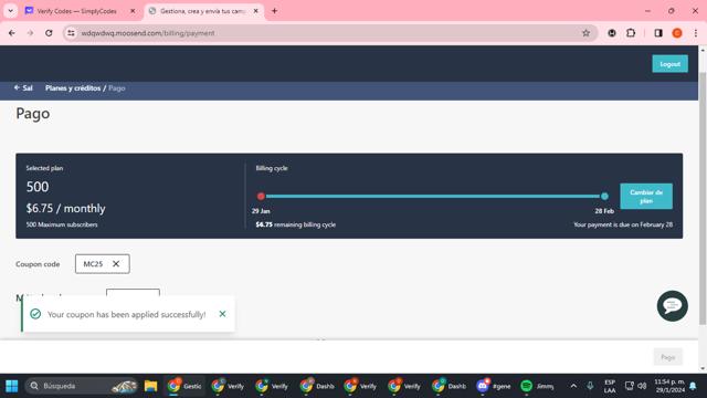 Moosend checkout page showing Moosend coupon code box | Screenshot taken by SimplyCodes community member on Jan 30, 2024