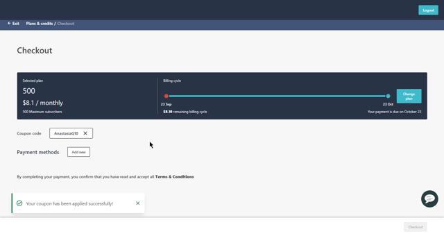 Moosend checkout page showing Moosend coupon code box | Screenshot taken by SimplyCodes community member on Sep 23, 2023