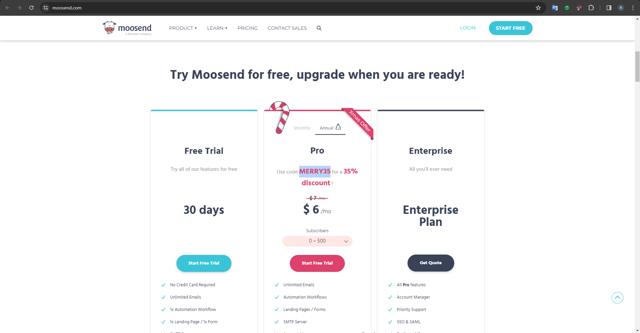 Moosend checkout page showing Moosend coupon code box | Screenshot taken by SimplyCodes community member on Dec 14, 2023