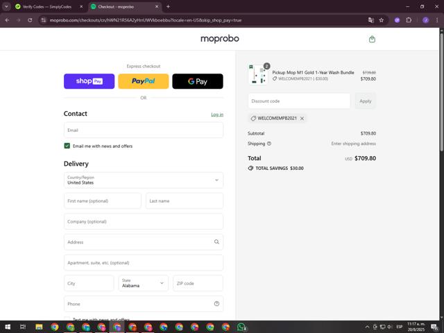 Moprobo checkout page showing Moprobo promo code box | Screenshot taken by SimplyCodes community member on Aug 20, 2025