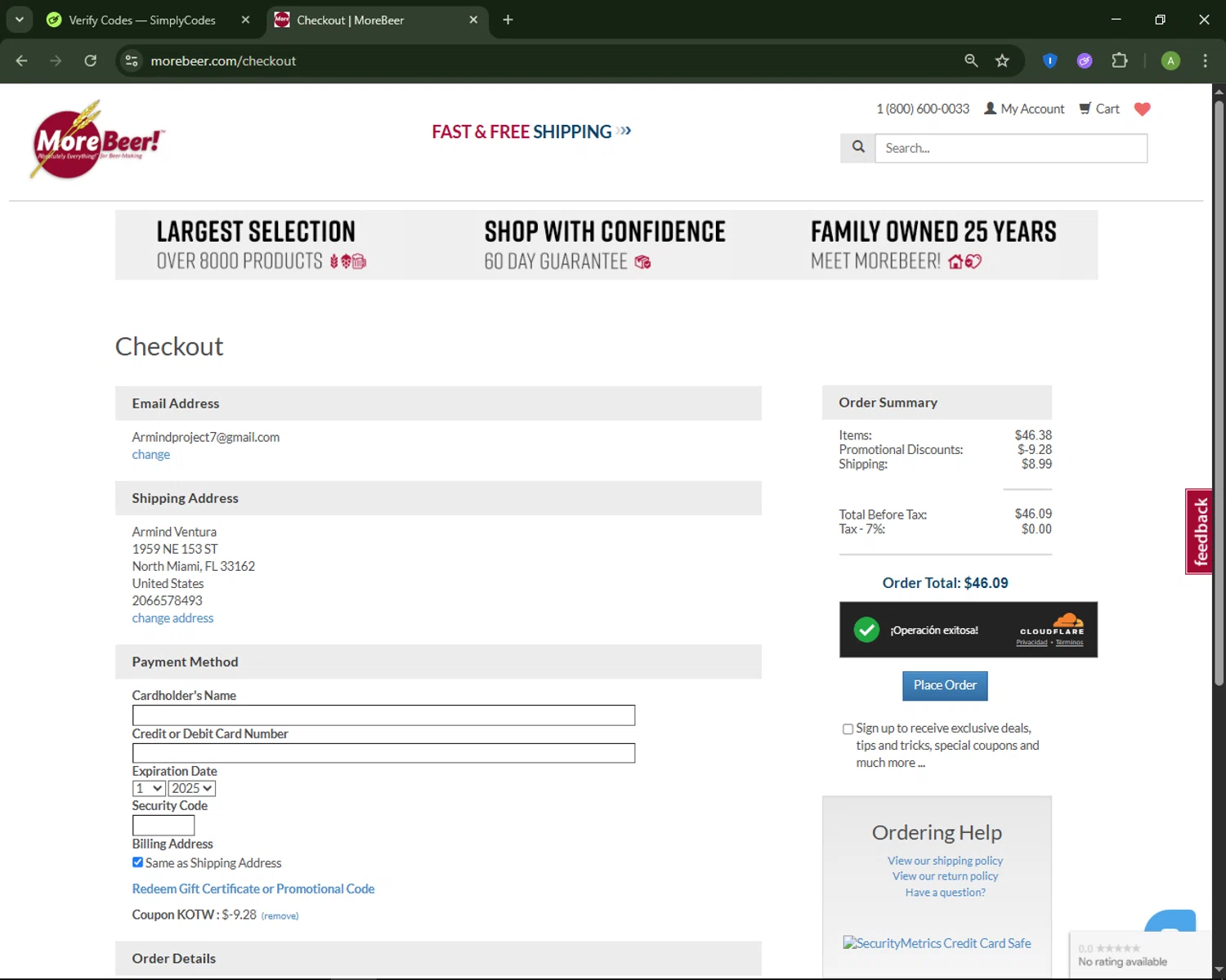 More Beer promo code screenshot showing code KOTW applied at More Beer checkout page. Uploaded by SimplyCodes community member MagnificentSaver708 on Jul 3, 2025