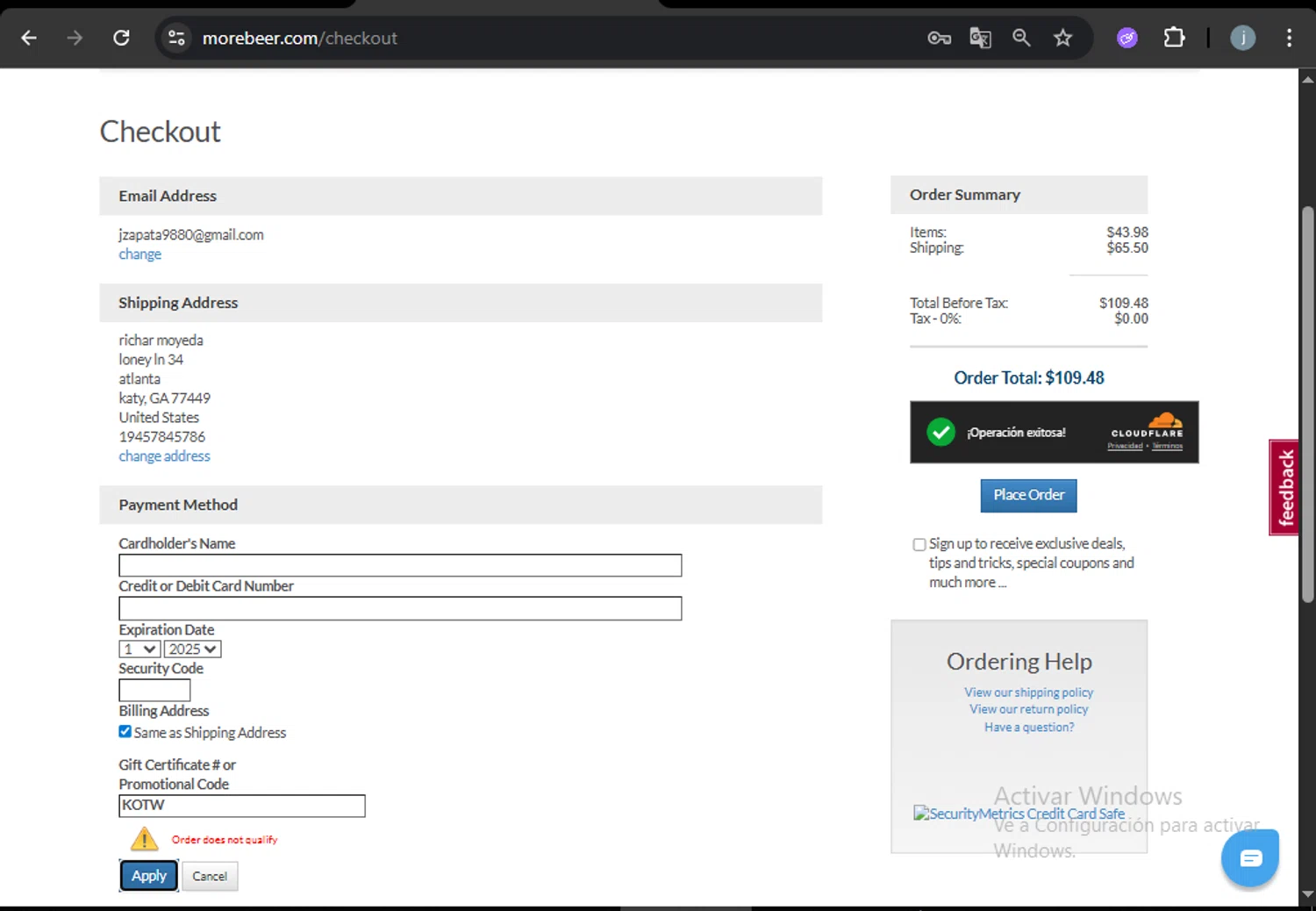 More Beer promo code screenshot showing code KOTW applied at More Beer checkout page. Uploaded by SimplyCodes community member VictoriousCurator5776 on Sep 15, 2025