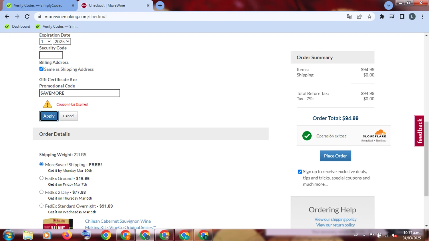 More Beer promo code screenshot showing code SAVEMORE applied at More Beer checkout page. Uploaded by SimplyCodes community member EpicHunter3207 on Mar 4, 2025