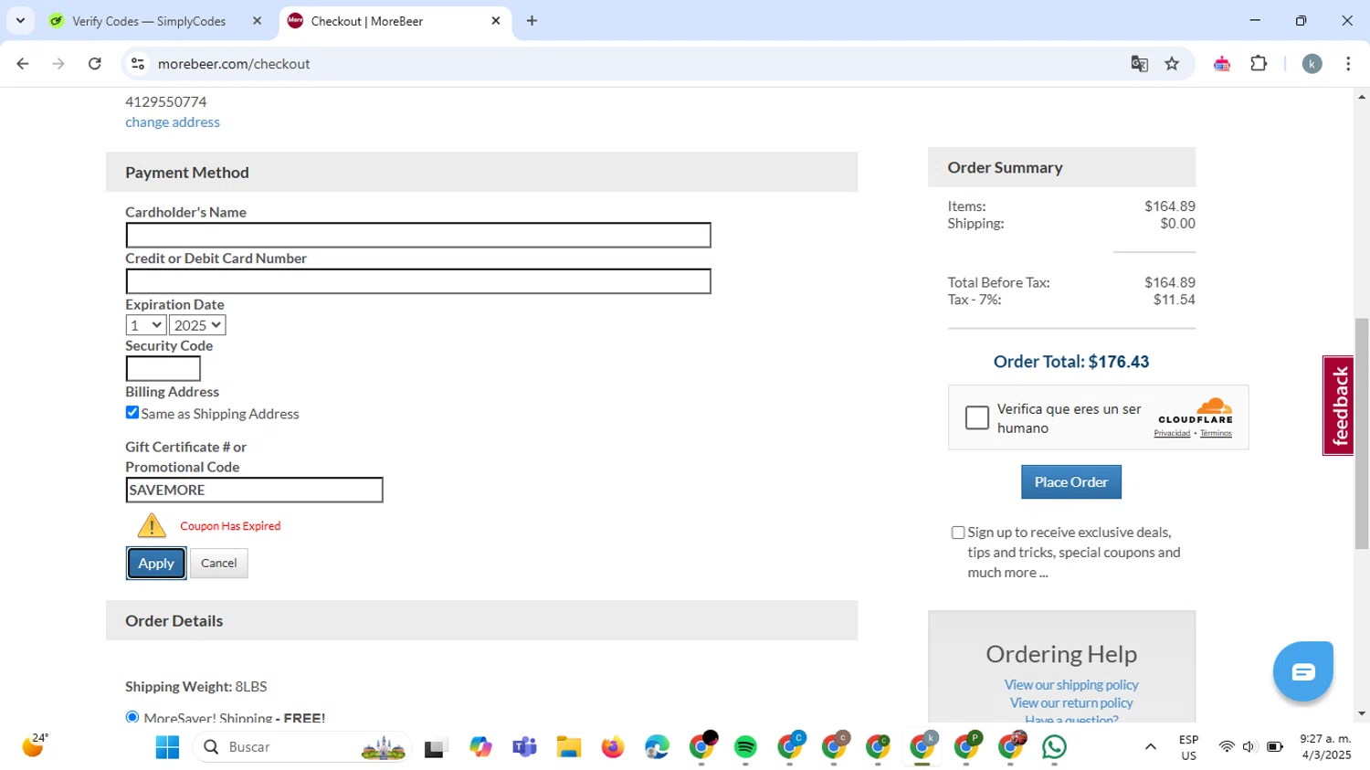 More Beer promo code screenshot showing code SAVEMORE applied at More Beer checkout page. Uploaded by SimplyCodes community member ValiantCaptain6560 on Mar 4, 2025