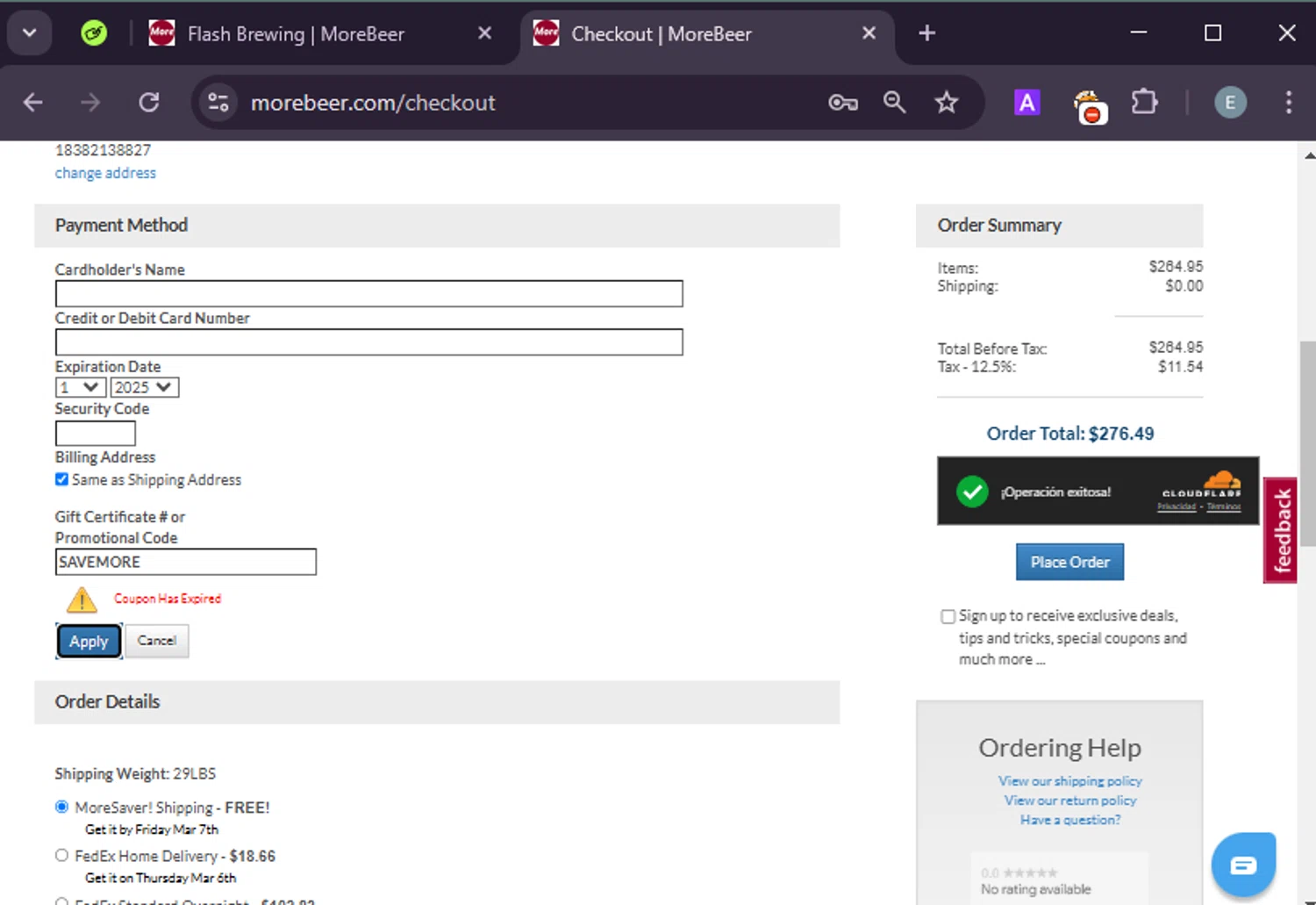 More Beer promo code screenshot showing code SAVEMORE applied at More Beer checkout page. Uploaded by SimplyCodes community member LuckyExpert7689 on Mar 4, 2025