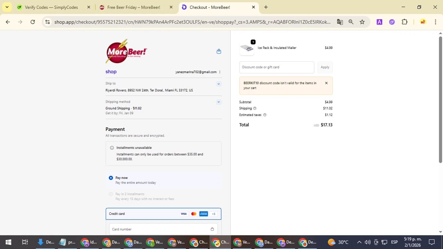 More Beer checkout page showing More Beer promo code box | Screenshot taken by SimplyCodes community member on Jan 2, 2026