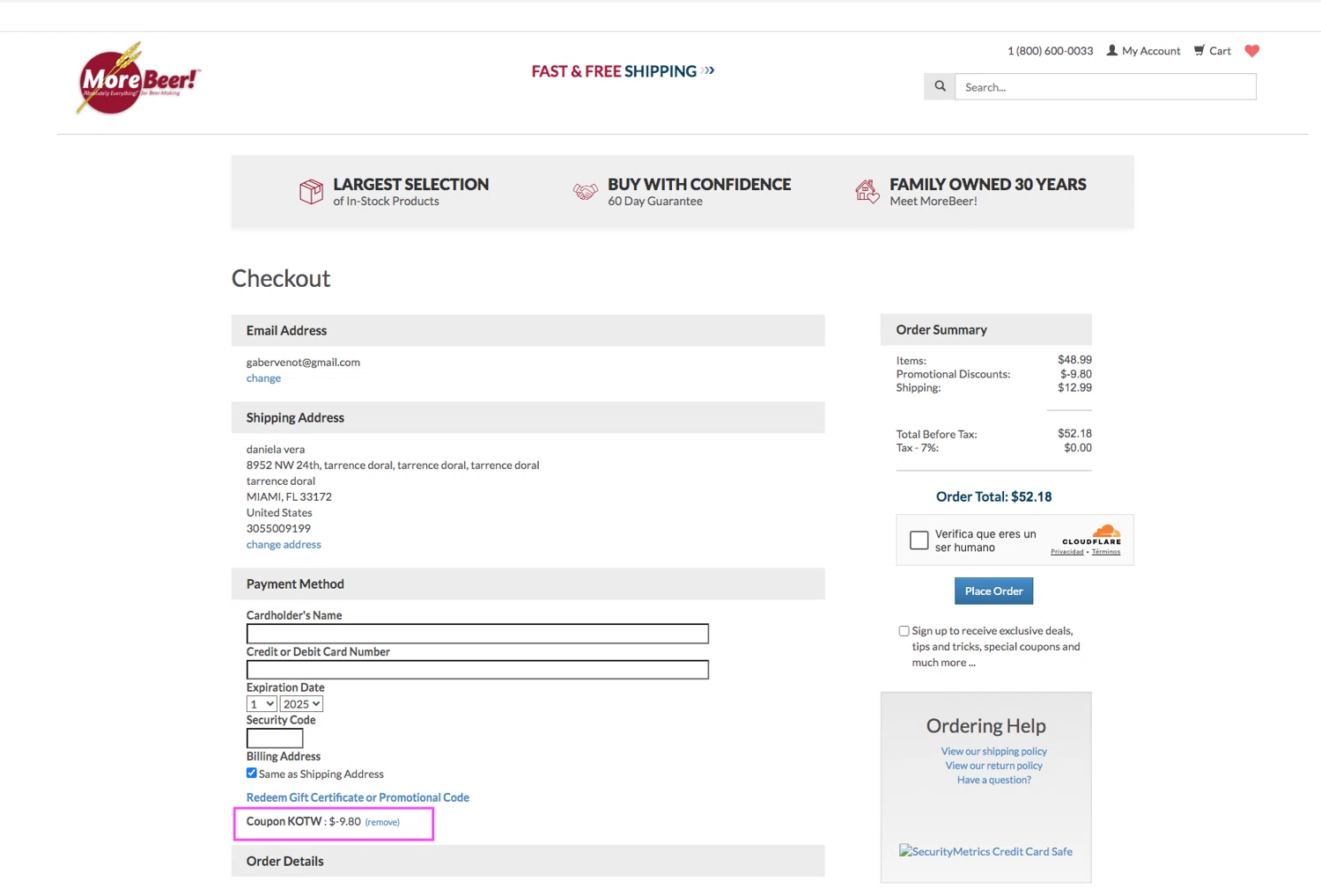 More Beer promo code screenshot showing code KOTW applied at More Beer checkout page. Uploaded by SimplyCodes community member AlejandraSarmiento on Oct 11, 2025