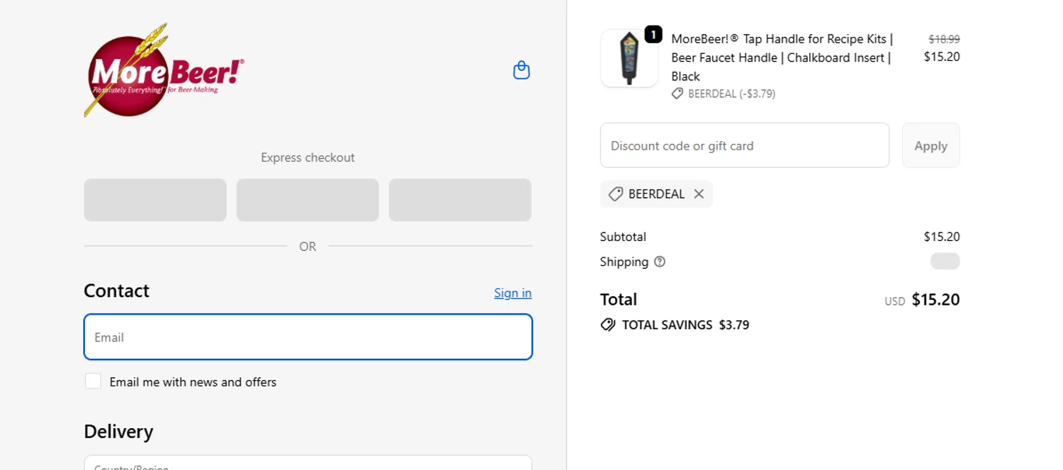 More Beer promo code screenshot showing code BEERDEAL applied at More Beer checkout page. Uploaded by SimplyCodes community member Loki_Odinson on Jan 13, 2026