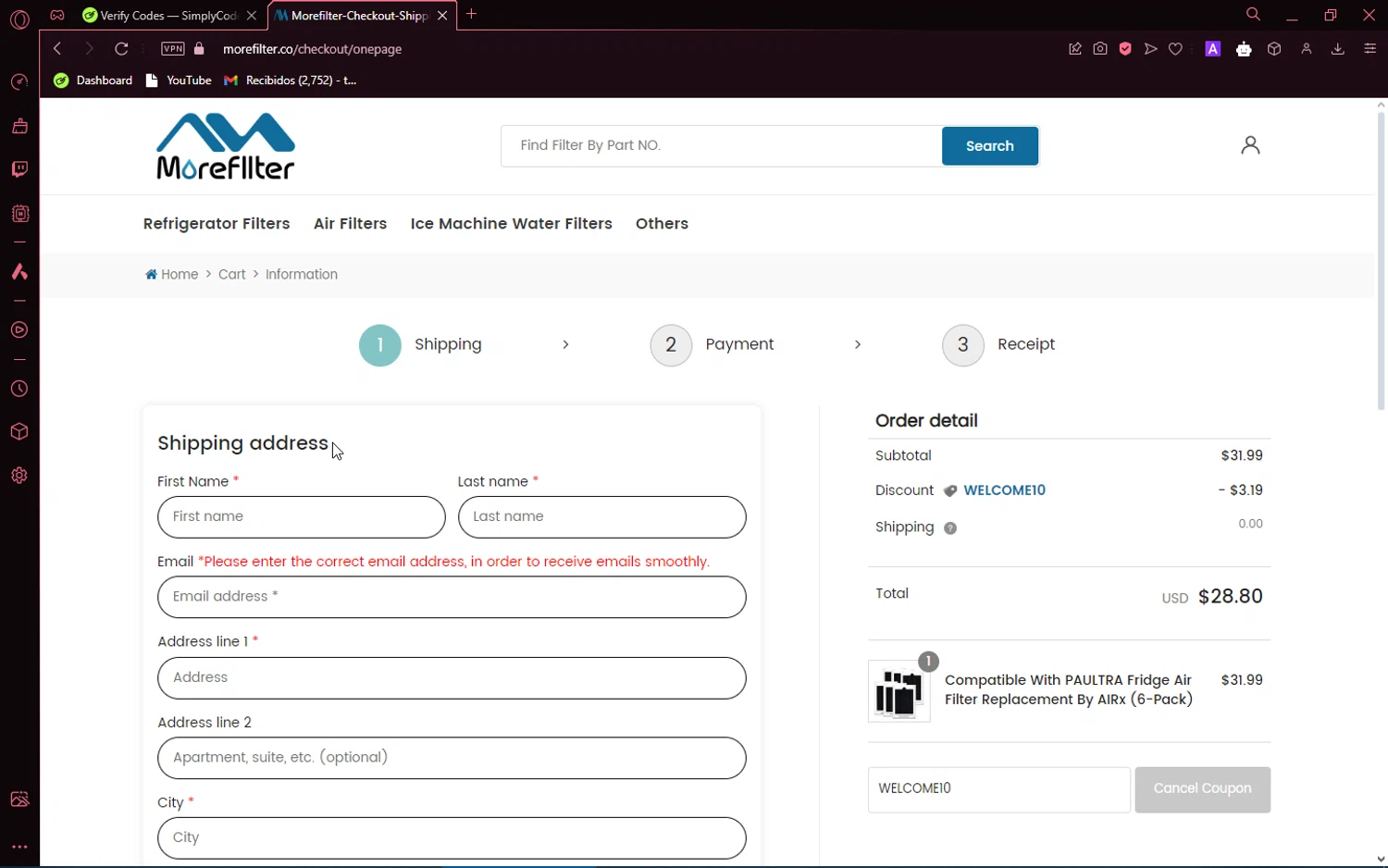 MoreFilter checkout page showing MoreFilter discount code box | Screenshot taken by SimplyCodes community member on Jul 1, 2024