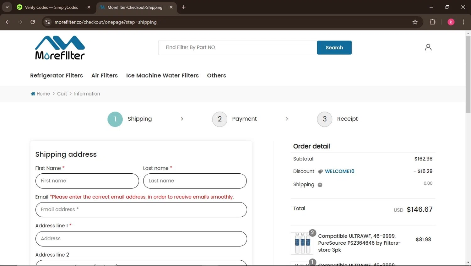 MoreFilter checkout page showing MoreFilter discount code box | Screenshot taken by SimplyCodes community member on Dec 23, 2024