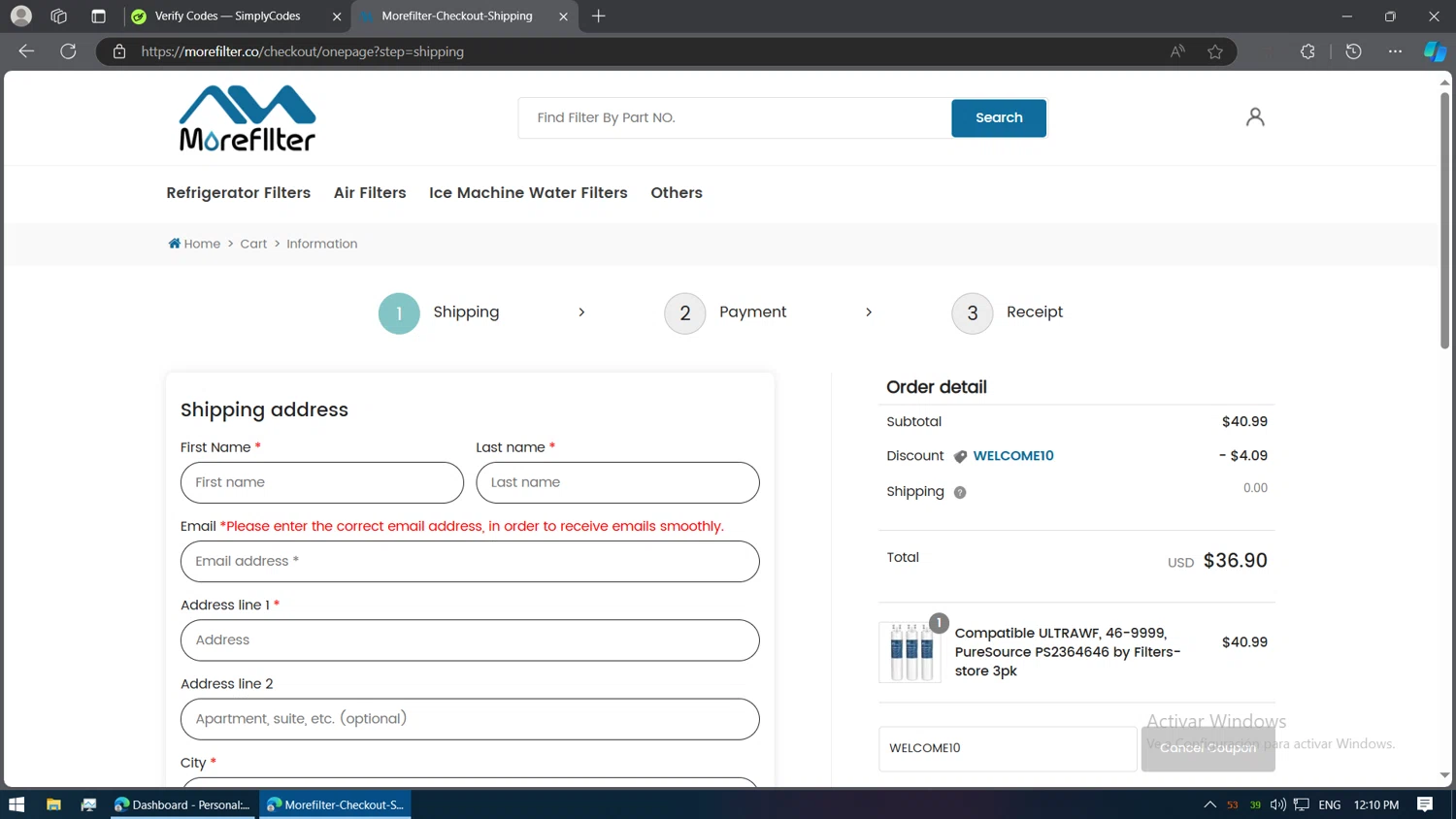 MoreFilter checkout page showing MoreFilter discount code box | Screenshot taken by SimplyCodes community member on Oct 25, 2024