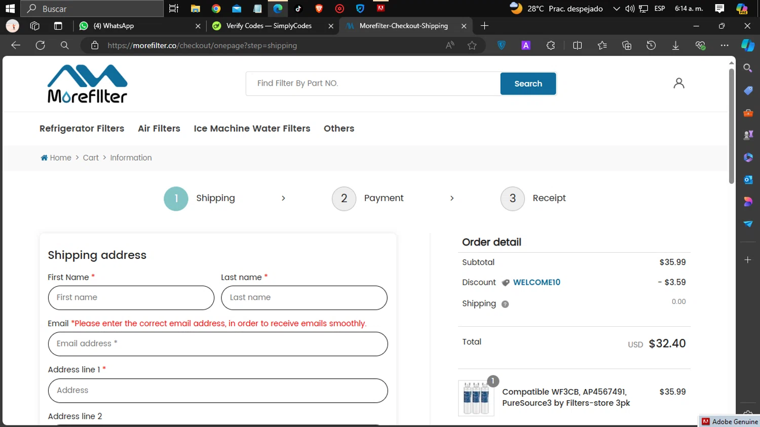 MoreFilter checkout page showing MoreFilter discount code box | Screenshot taken by SimplyCodes community member on Jul 1, 2024