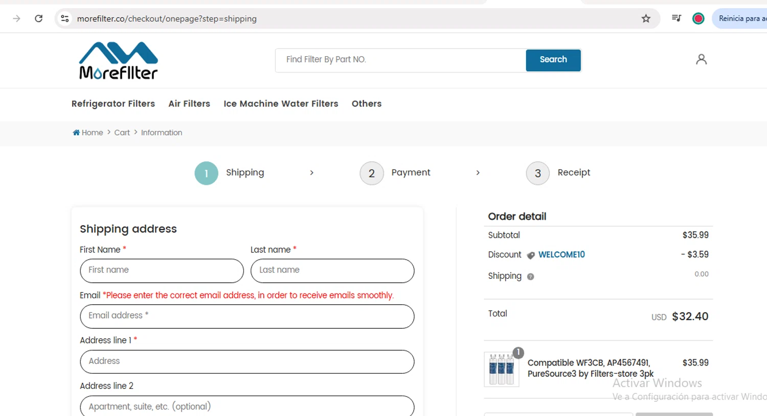 MoreFilter checkout page showing MoreFilter discount code box | Screenshot taken by SimplyCodes community member on Nov 24, 2024