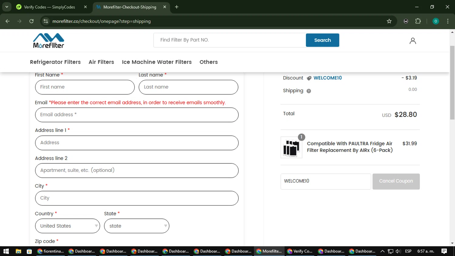 MoreFilter checkout page showing MoreFilter discount code box | Screenshot taken by SimplyCodes community member on Dec 23, 2024