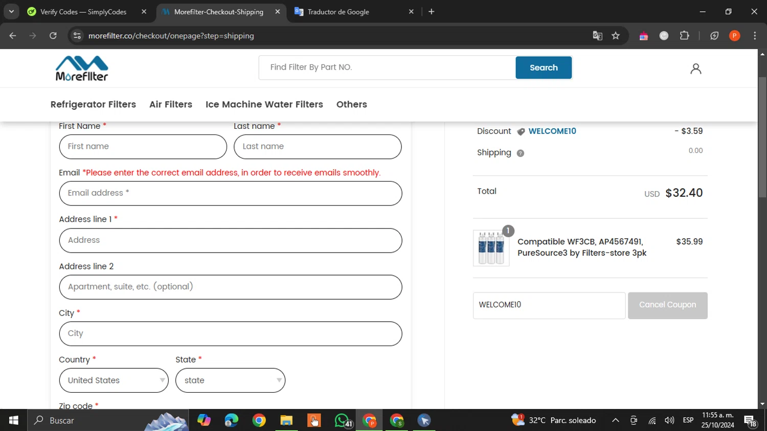 MoreFilter checkout page showing MoreFilter discount code box | Screenshot taken by SimplyCodes community member on Oct 25, 2024
