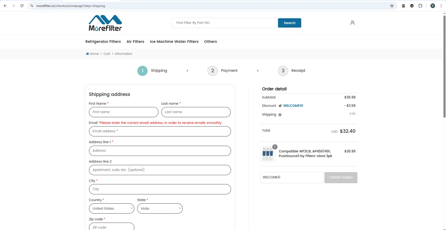MoreFilter discount code screenshot showing code WELCOME10 applied at MoreFilter checkout page. Uploaded by SimplyCodes community member rafaelmarquez on Sep 25, 2025