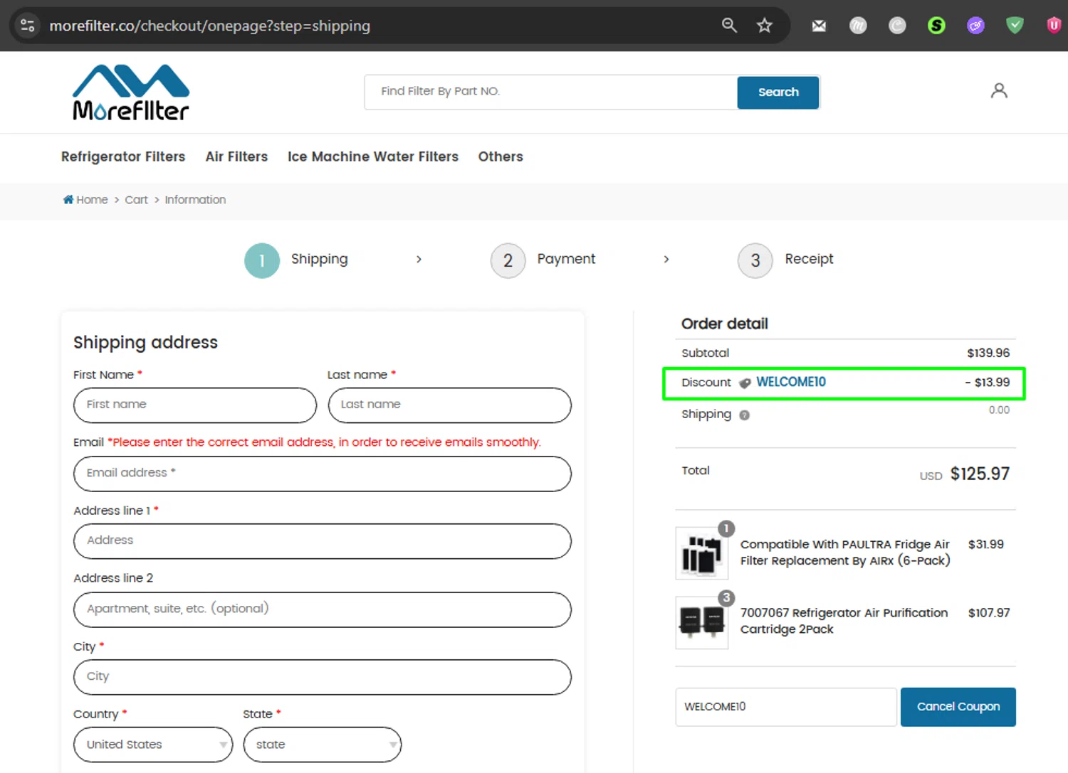 MoreFilter discount code screenshot showing code WELCOME10 applied at MoreFilter checkout page. Uploaded by SimplyCodes community member couponcheck01 on Aug 1, 2025