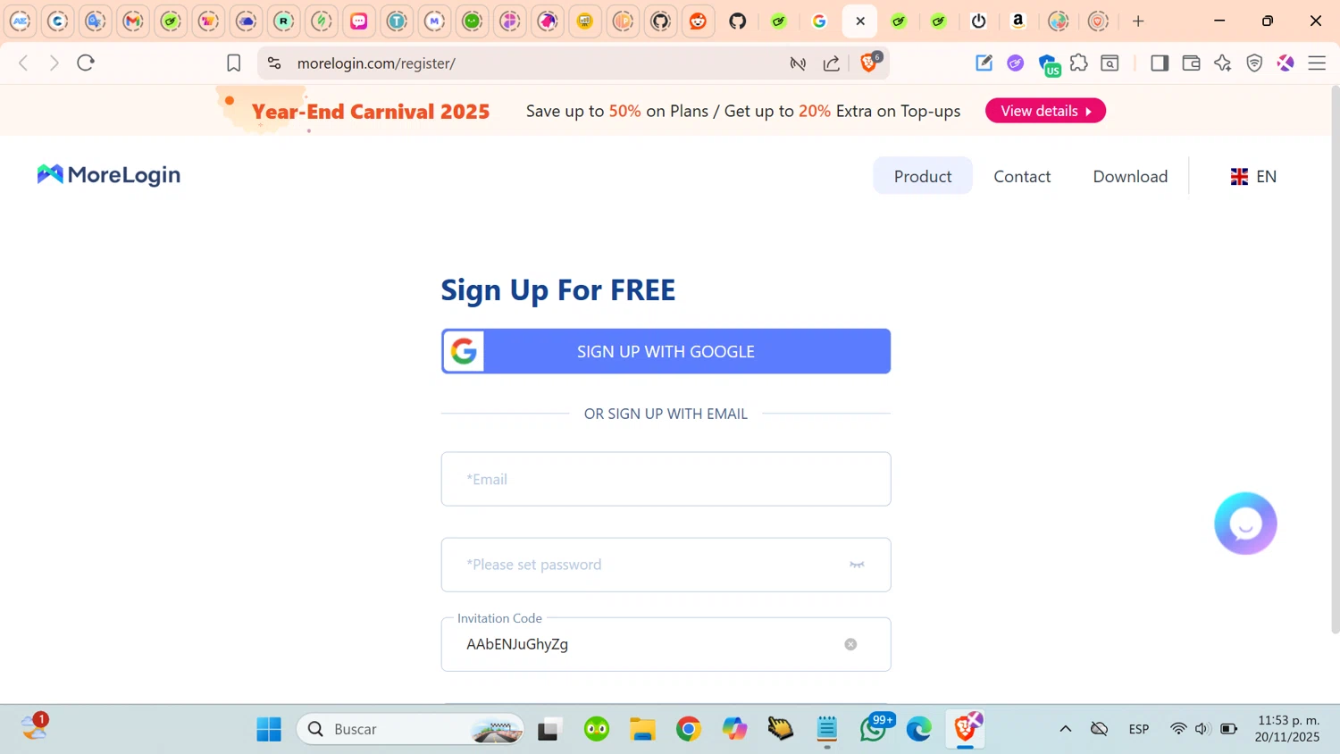 MoreLogin promo code screenshot showing code AAbENJuGhyZg applied at MoreLogin checkout page. Uploaded by SimplyCodes community member cosita on Nov 21, 2025