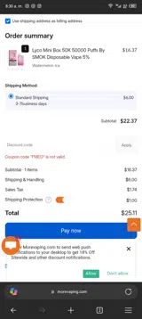 Morevaping coupon verification screenshot