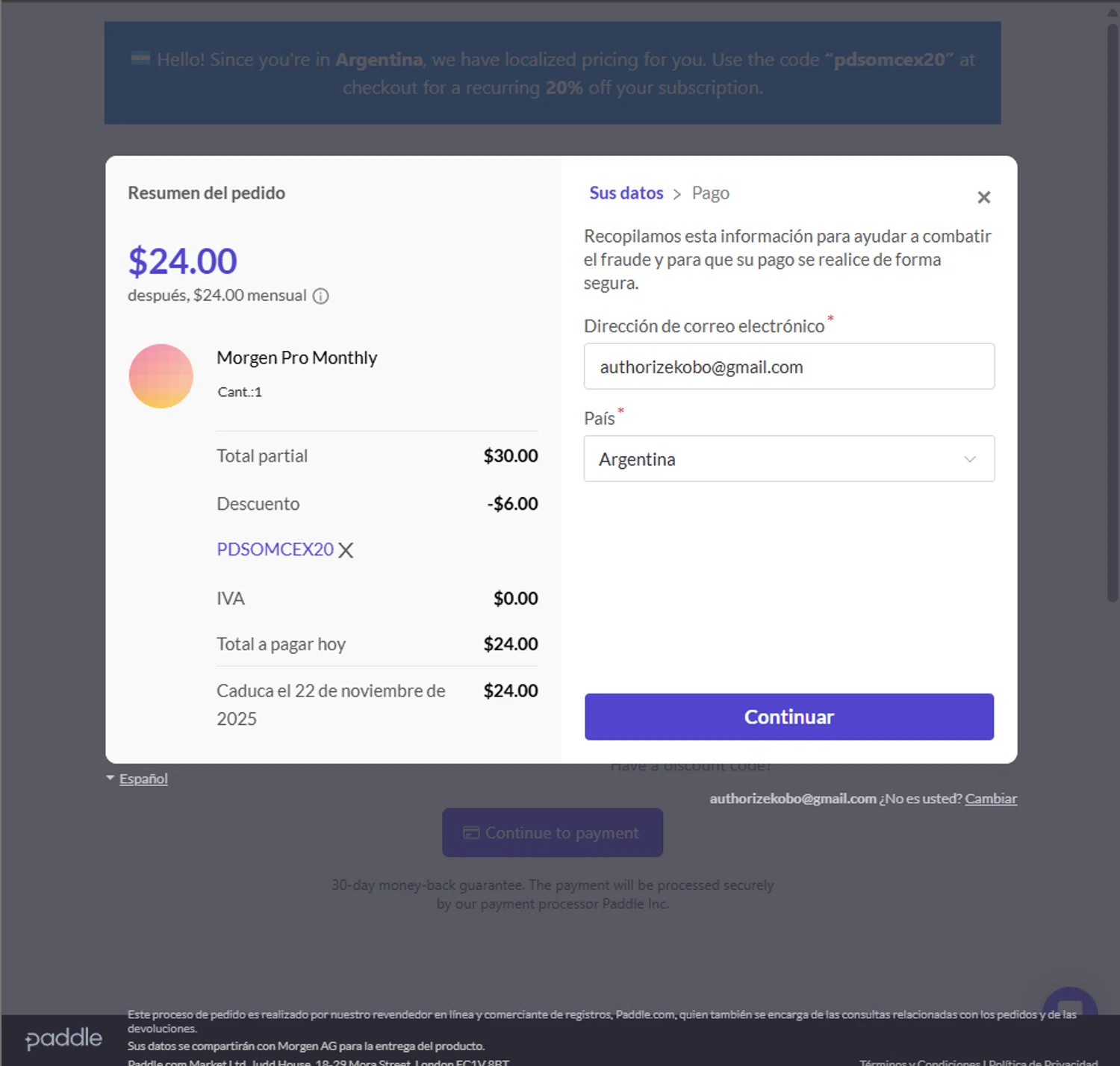 Morgen discount code screenshot showing code pdsomcex20 applied at Morgen checkout page. Uploaded by SimplyCodes community member PillarsofCreation on Oct 22, 2025