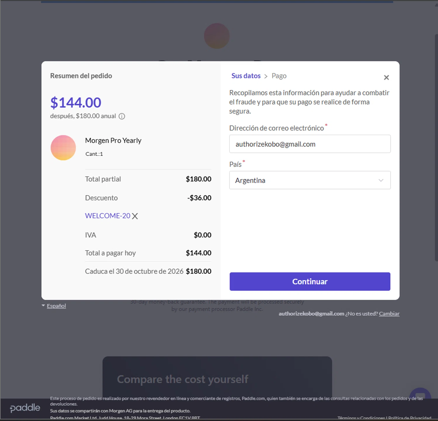 Morgen discount code screenshot showing code Welcome-20 applied at Morgen checkout page. Uploaded by SimplyCodes community member PillarsofCreation on Oct 30, 2025