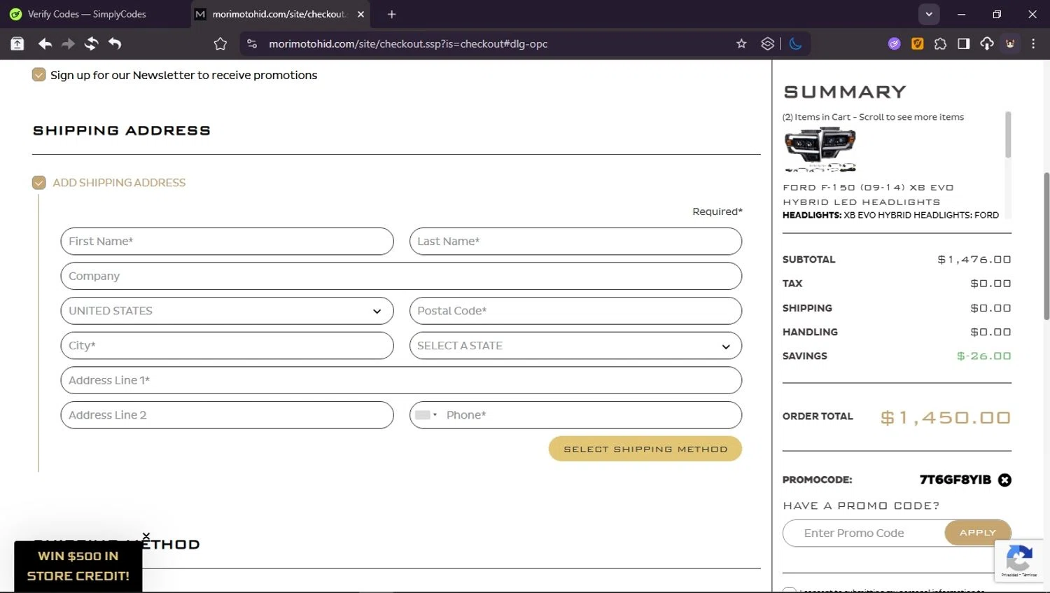Morimoto Lighting promo code screenshot showing code 7T6GF8YIB applied at Morimoto Lighting checkout page. Uploaded by SimplyCodes community member Userr2 on Nov 13, 2025