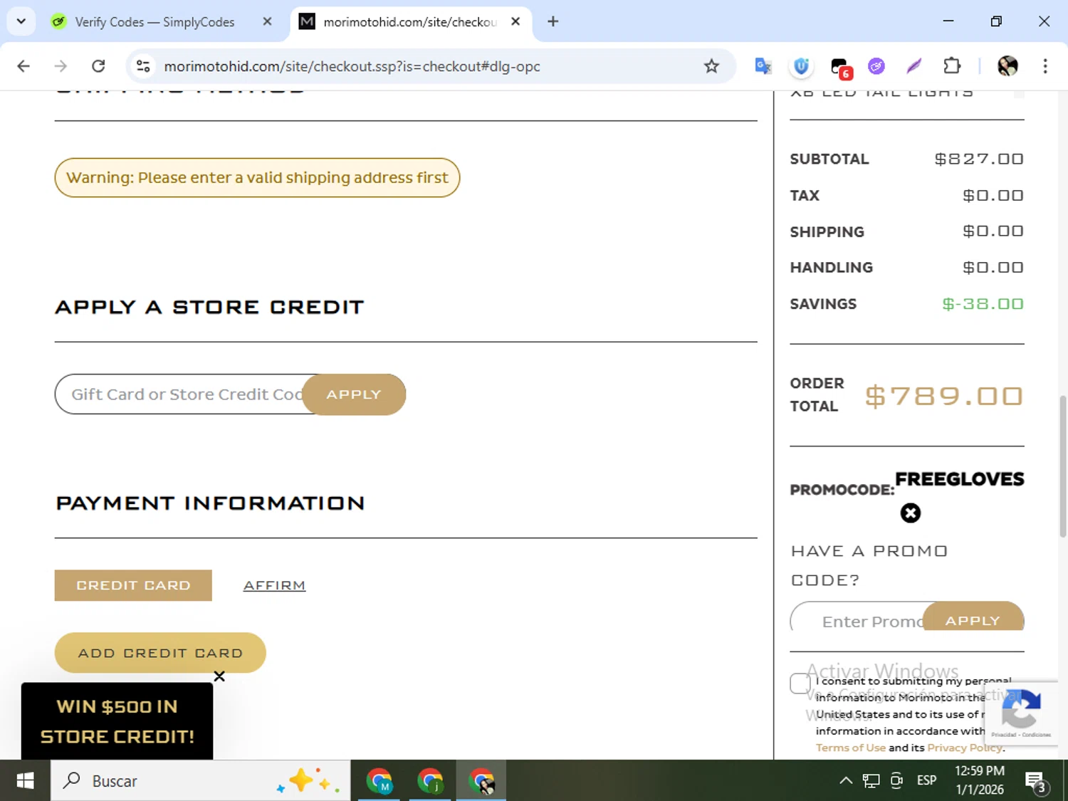 Morimoto Lighting checkout page showing Morimoto Lighting promo code box | Screenshot taken by SimplyCodes community member on Jan 1, 2026