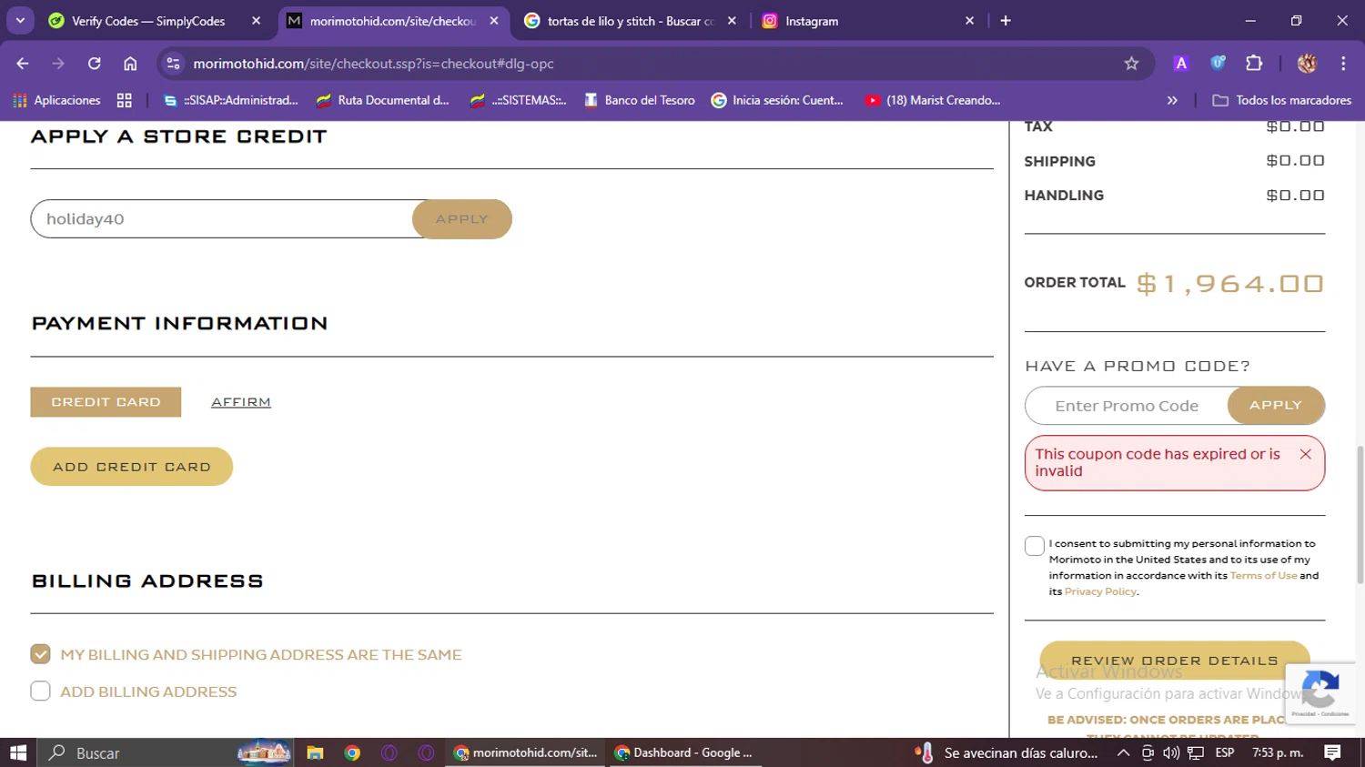 Morimoto Lighting promo code screenshot showing code holiday40 applied at Morimoto Lighting checkout page. Uploaded by SimplyCodes community member Jessica_Alvarez on Jan 22, 2026