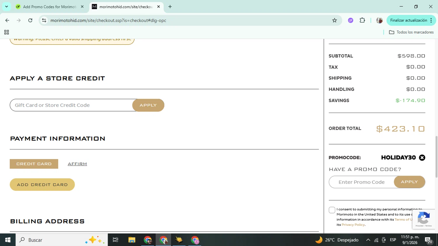 Morimoto Lighting promo code screenshot showing code holiday30 applied at Morimoto Lighting checkout page. Uploaded by SimplyCodes community member Mujerdejunnior on Jan 10, 2026