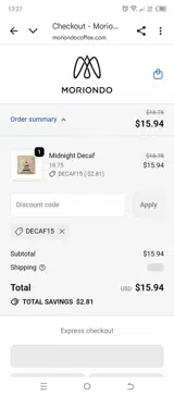 decaf15 coupon verification screenshot