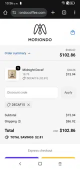 decaf15 coupon verification screenshot