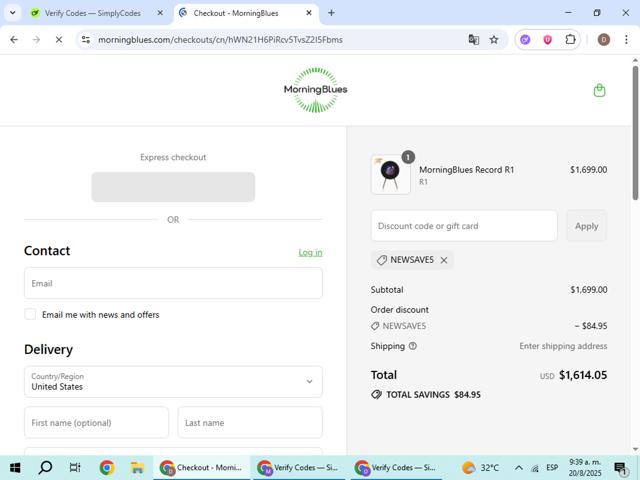 MorningBlues checkout page showing MorningBlues promo code box | Screenshot taken by SimplyCodes community member on Aug 20, 2025