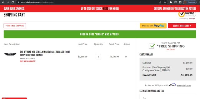 Morris 4x4 Center checkout page showing Morris 4x4 Center promo code box | Screenshot taken by SimplyCodes community member on Mar 30, 2023
