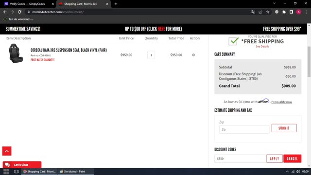 Morris 4x4 Center checkout page showing Morris 4x4 Center promo code box | Screenshot taken by SimplyCodes community member on Jun 1, 2023
