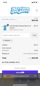 BRIGGS coupon verification screenshot