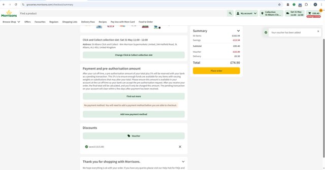 Morrisons checkout page showing Morrisons discount code box | Screenshot taken by SimplyCodes community member on May 29, 2025