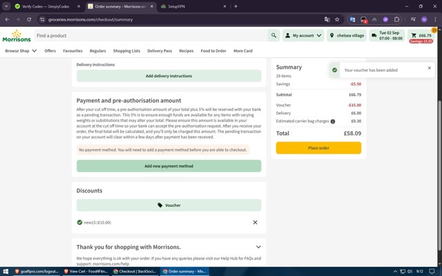 Morrisons checkout page showing Morrisons discount code box | Screenshot taken by SimplyCodes community member on Aug 26, 2025