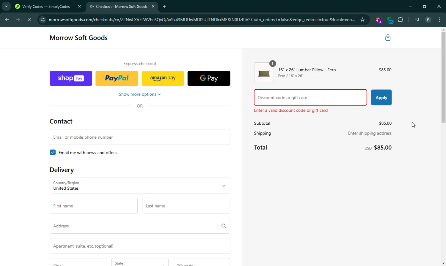 Morrow Soft Goods discount code screenshot showing code CLASSIC20 applied at Morrow Soft Goods checkout page. Uploaded by SimplyCodes community member RewardLion6202 on Feb 28, 2025