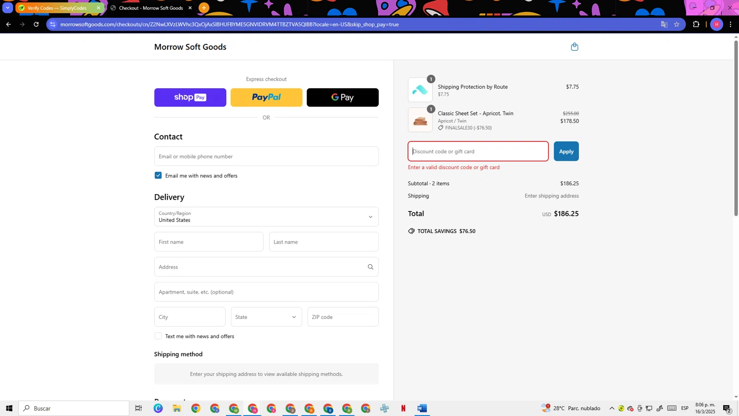 Morrow Soft Goods discount code screenshot showing code THANKS22 applied at Morrow Soft Goods checkout page. Uploaded by SimplyCodes community member TokenSleuth5758 on Mar 17, 2025