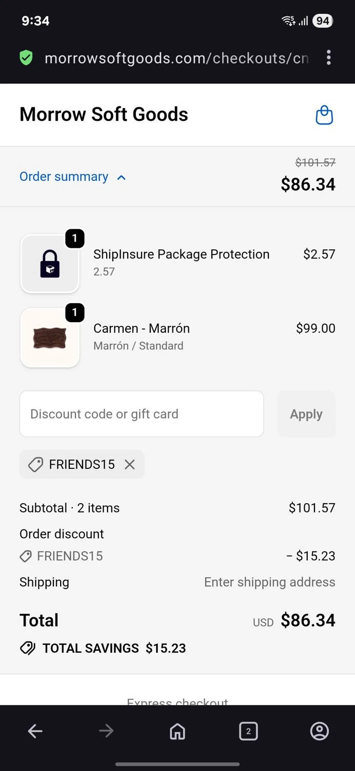 Morrow Soft Goods discount code screenshot showing code Friends15 applied at Morrow Soft Goods checkout page. Uploaded by SimplyCodes community member BB9542251456527 on Nov 4, 2025