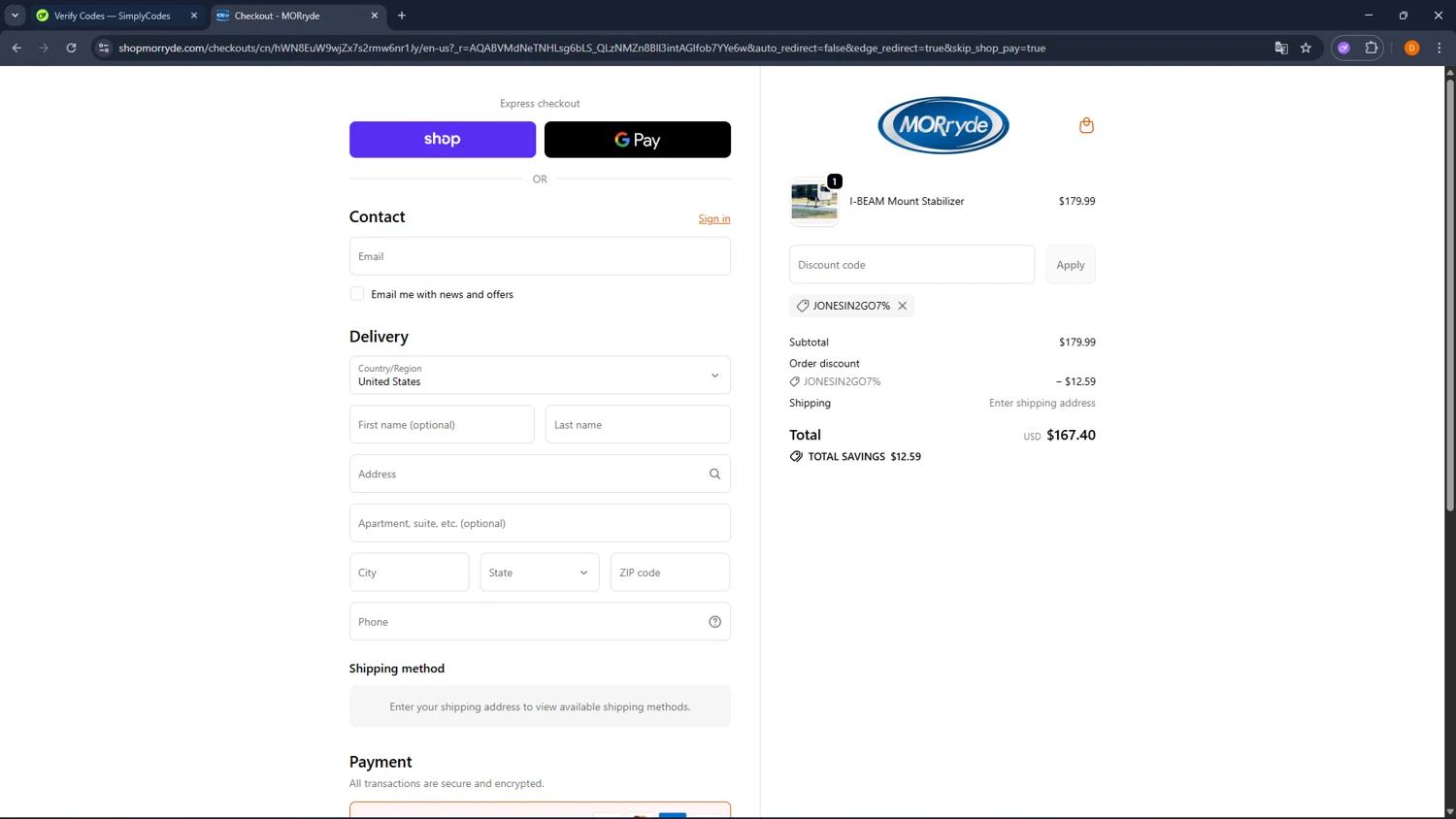 MORryde promo code screenshot showing code jonesin2go7% applied at MORryde checkout page. Uploaded by SimplyCodes community member FrugalFalcon351 on Jan 31, 2026
