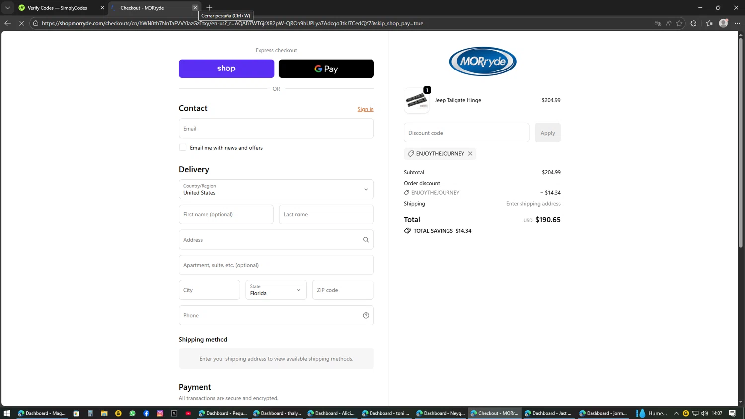 MORryde promo code screenshot showing code ENJOYTHEJOURNEY applied at MORryde checkout page. Uploaded by SimplyCodes community member SAKURA on Feb 17, 2026