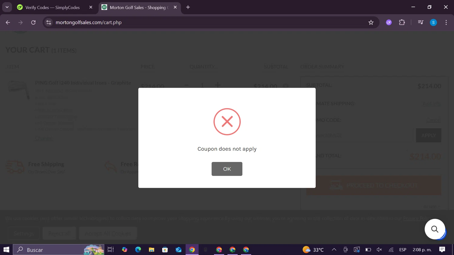 Morton Golf Sales coupon code screenshot showing code News10MGS applied at Morton Golf Sales checkout page. Uploaded by SimplyCodes community member CodeExpert981 on Jul 23, 2025
