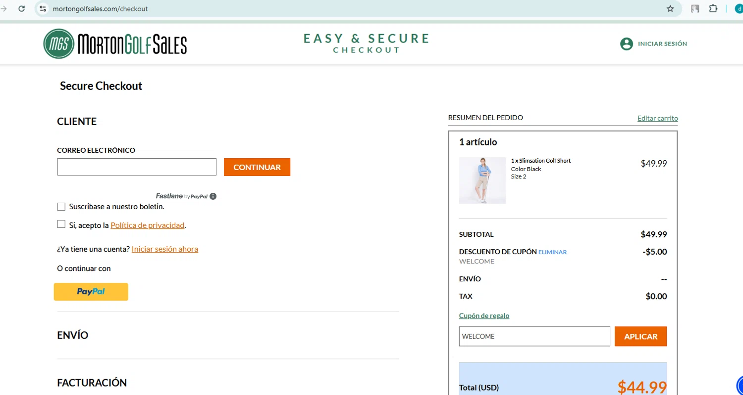 Morton Golf Sales coupon code screenshot showing code WELCOME applied at Morton Golf Sales checkout page. Uploaded by SimplyCodes community member DiscountHero6788 on Jan 5, 2025