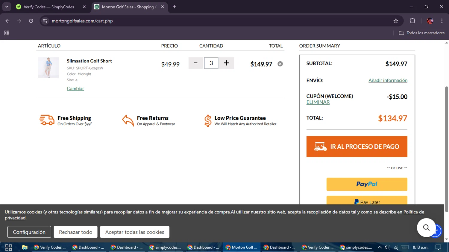 Morton Golf Sales coupon code screenshot showing code WELCOME applied at Morton Golf Sales checkout page. Uploaded by SimplyCodes community member SavingsEagle5772 on Mar 23, 2025